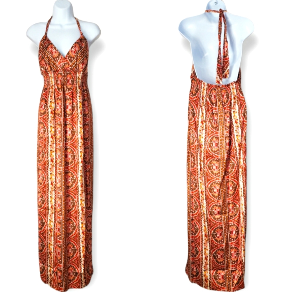 NWOT Gianni Bini red orange yellow brown floral silk maxi halter dress Womens 12